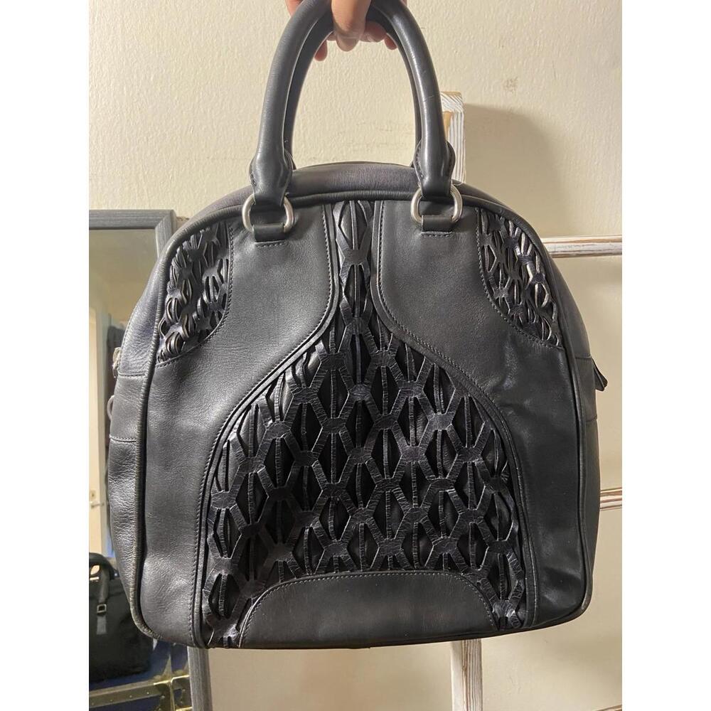 Rare Miu Miu Black Leather Laser Cutout Bowling Tote Handbag
